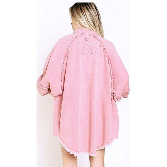 POL CLOTHING Peony Flower Pink Shacket Shirt Jacket Button Up Star S-L YWT458B - Picture 5 of 5